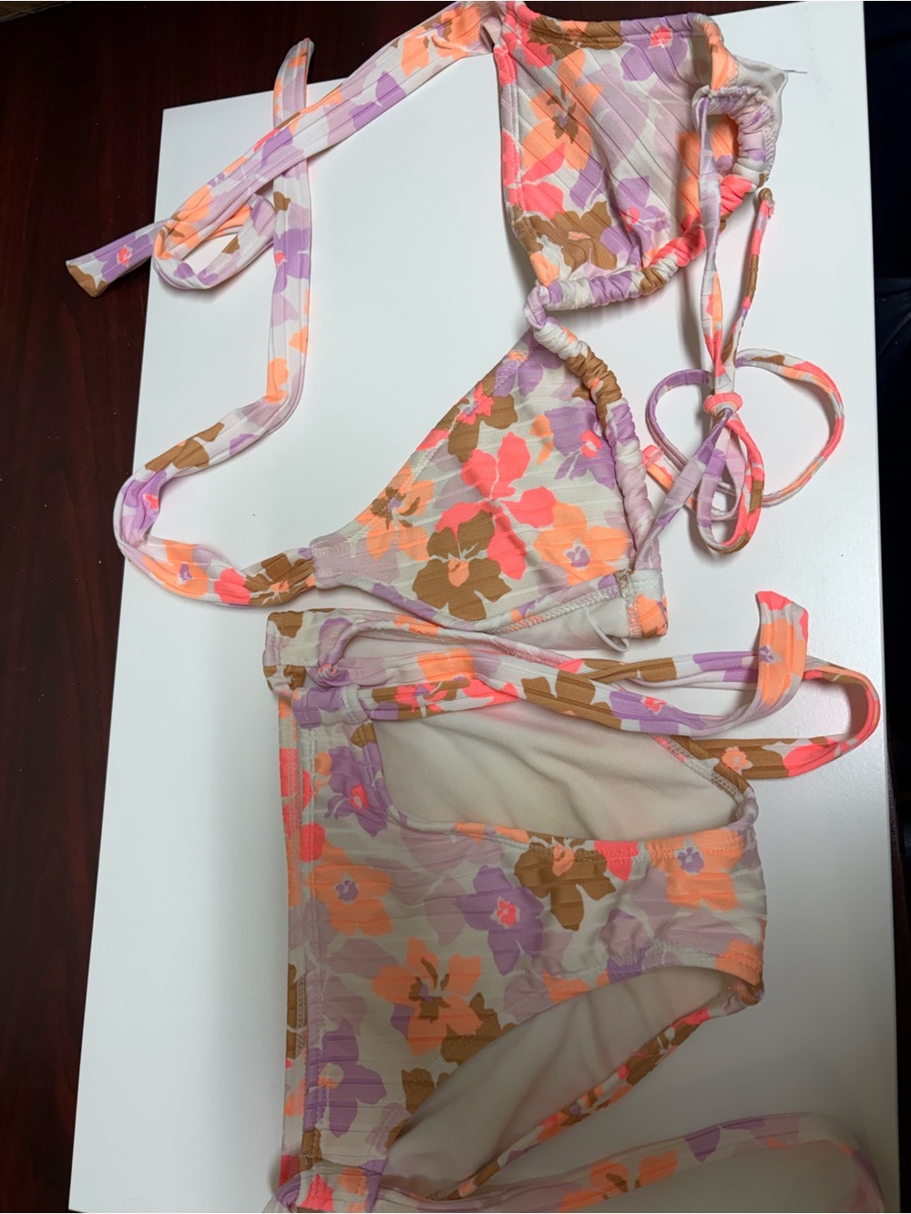 Floral Triangle String Bikini Set - Coral, Lavender, Brown